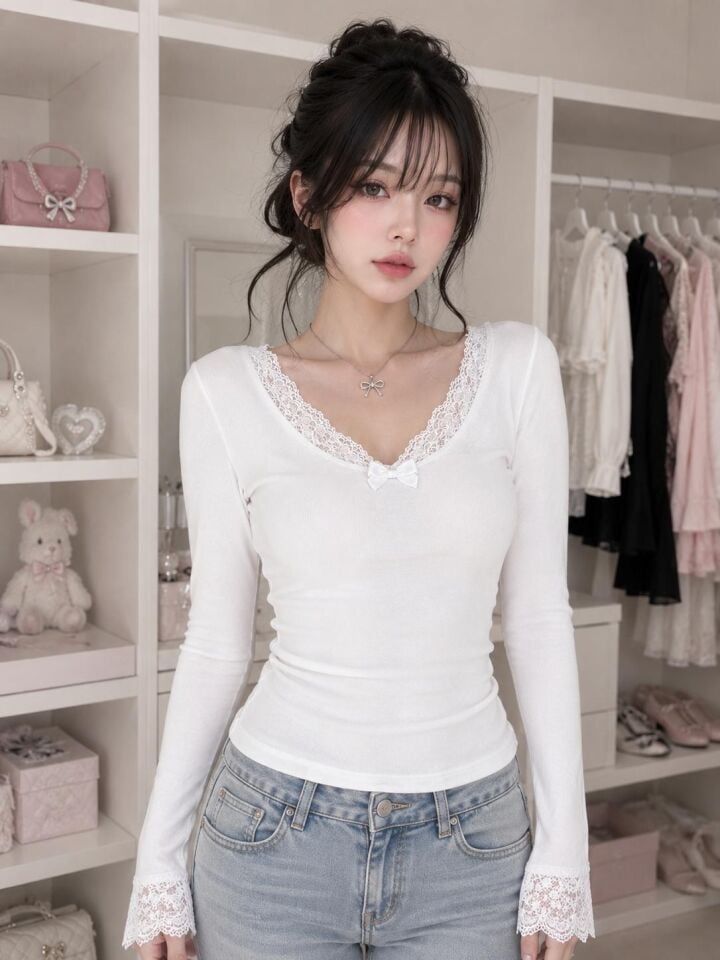 beyaz dantel yakalı coquette lolita tam boy bluz