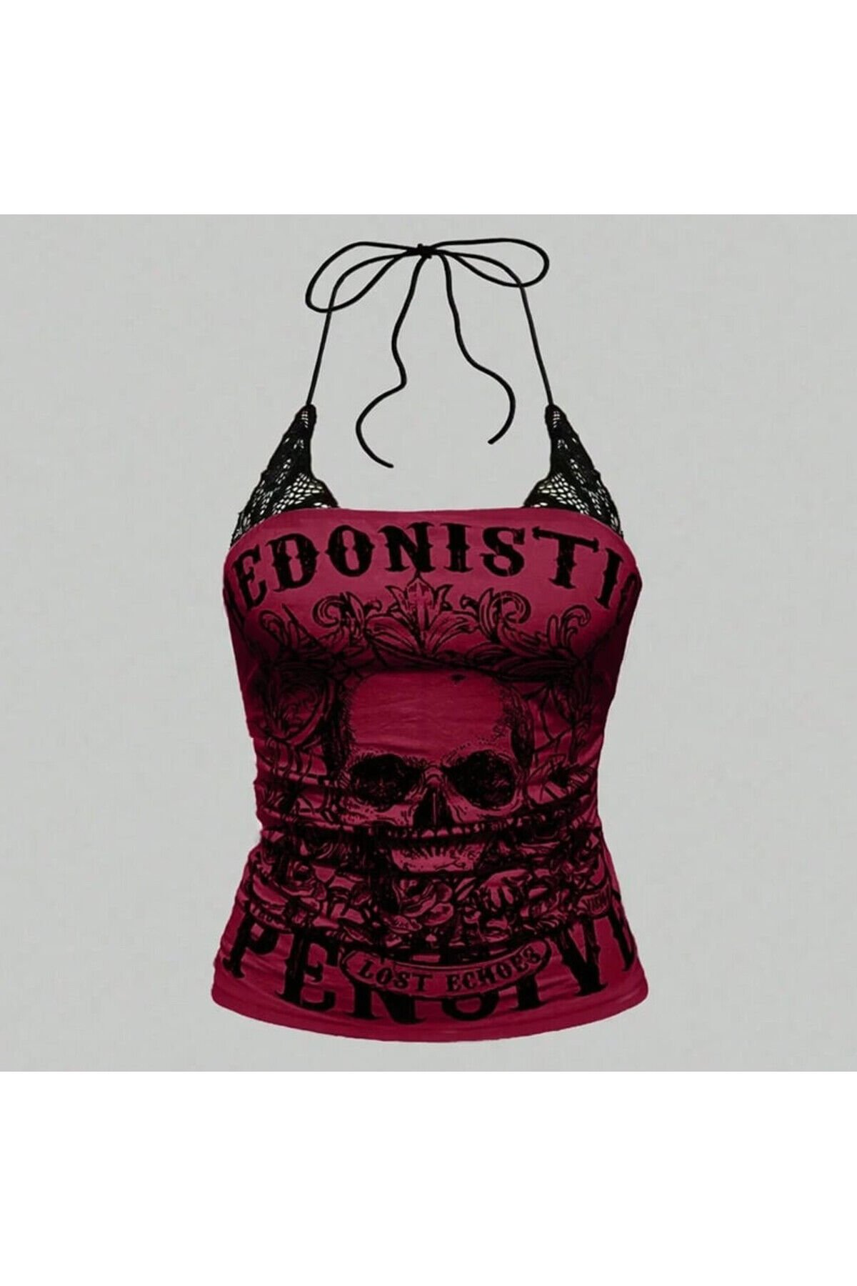 Kırmızı Hedonistic Skull Dantel Detaylı Y2K Askılı Crop
