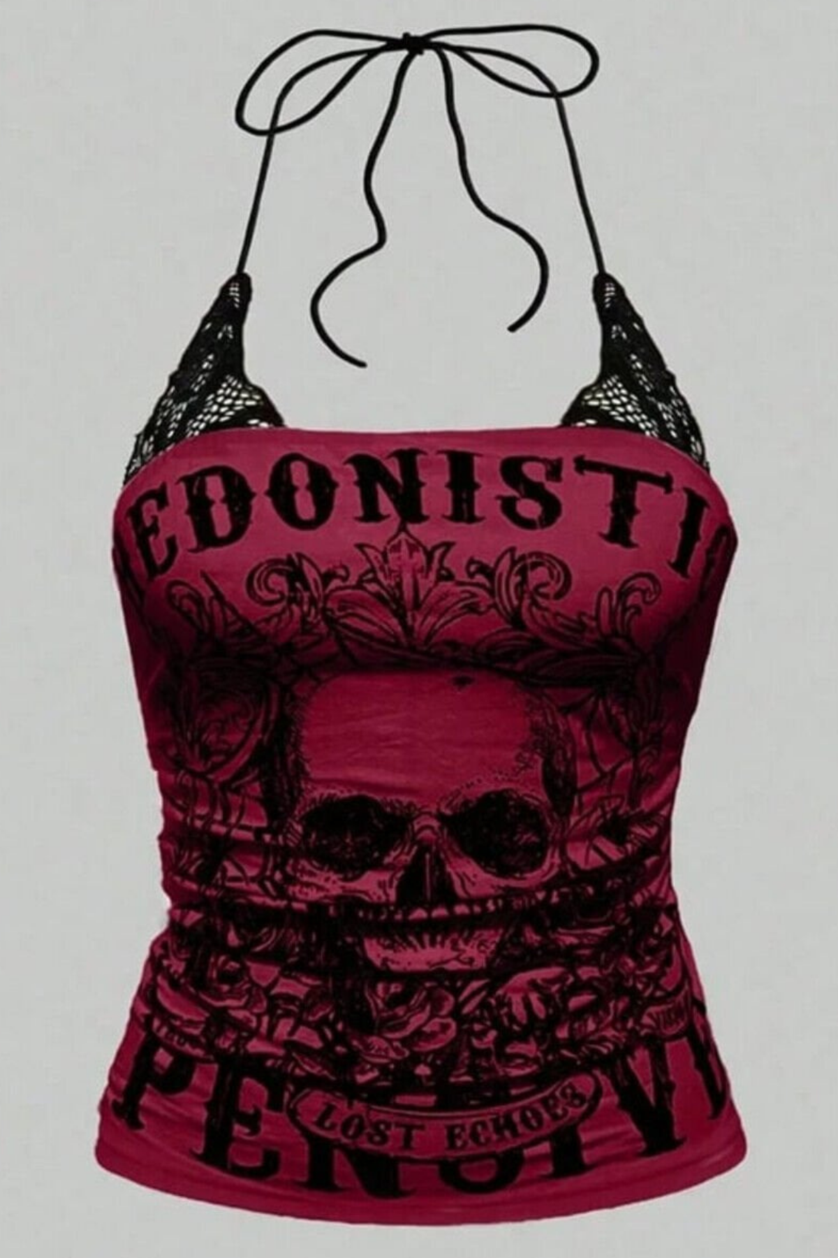 Kırmızı Hedonistic Skull Dantel Detaylı Y2K Askılı Crop