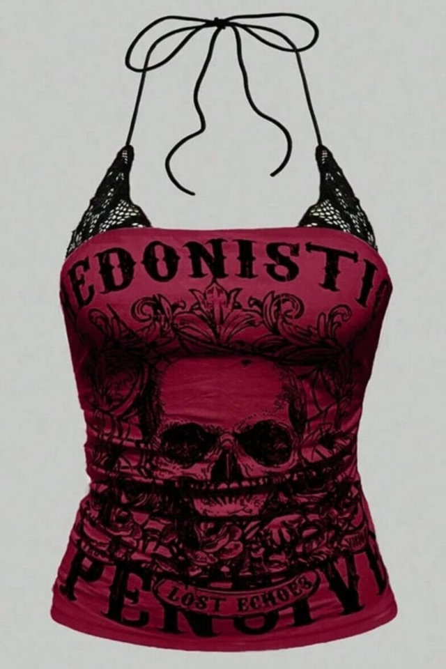 Kırmızı Hedonistic Skull Dantel Detaylı Y2K Askılı Crop