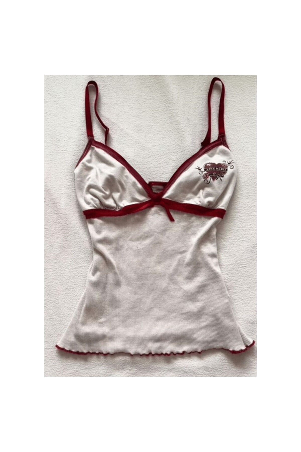 Beyaz Vive Maria Kırmızı Şeritli Fiyonk Detaylı Vintage Y2K Askılı Crop