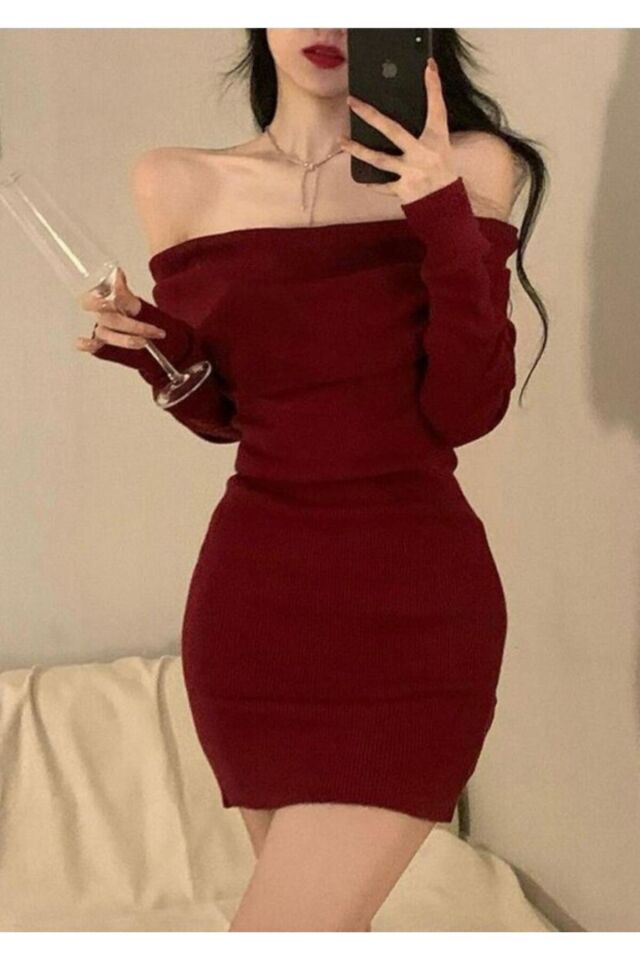 Madonna Yaka Kaşkorse Vücudu Saran Şık Günlük Elbise Kırmızı - 2XL