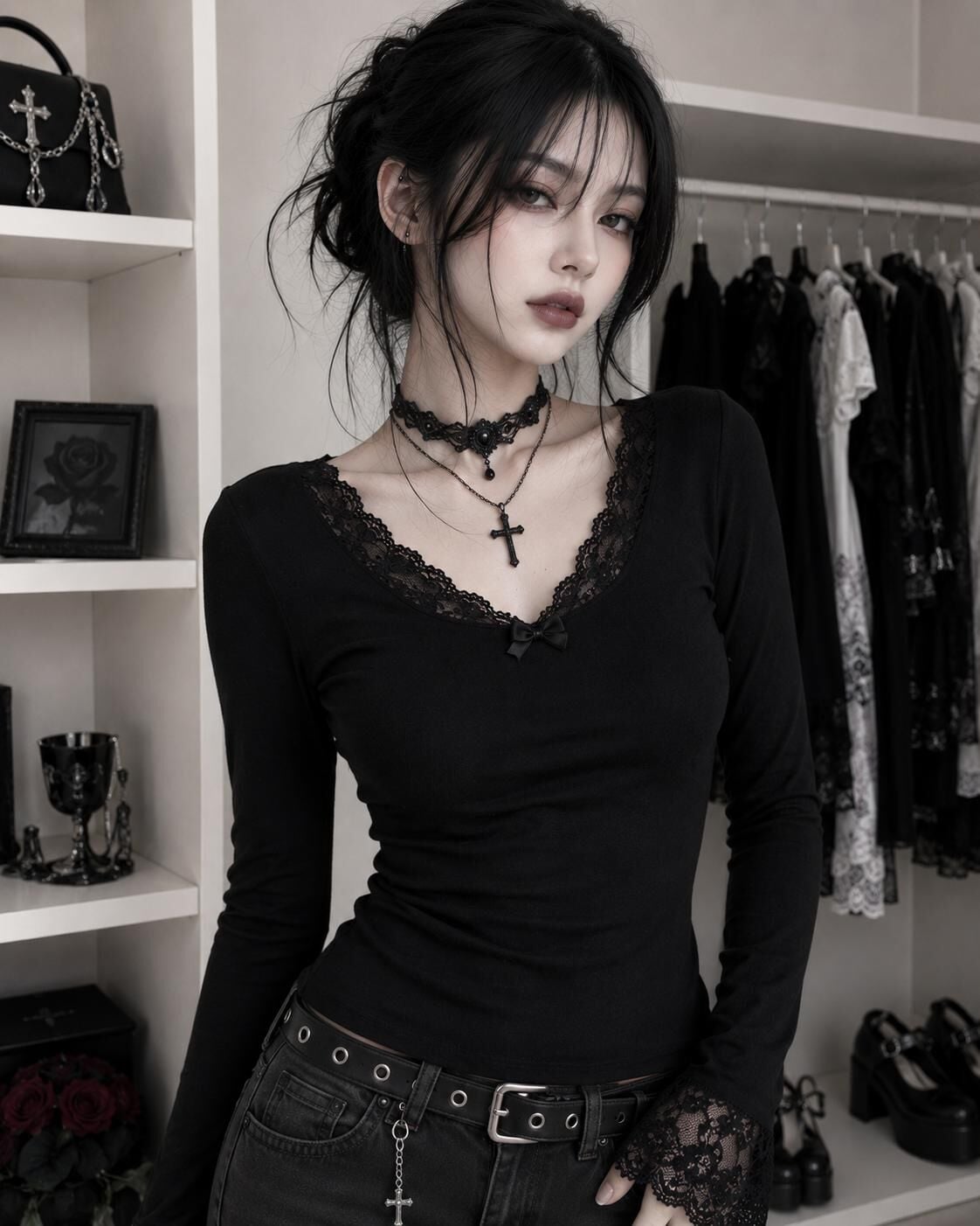 Siyah gothic dantel yakalı tam boy bluz