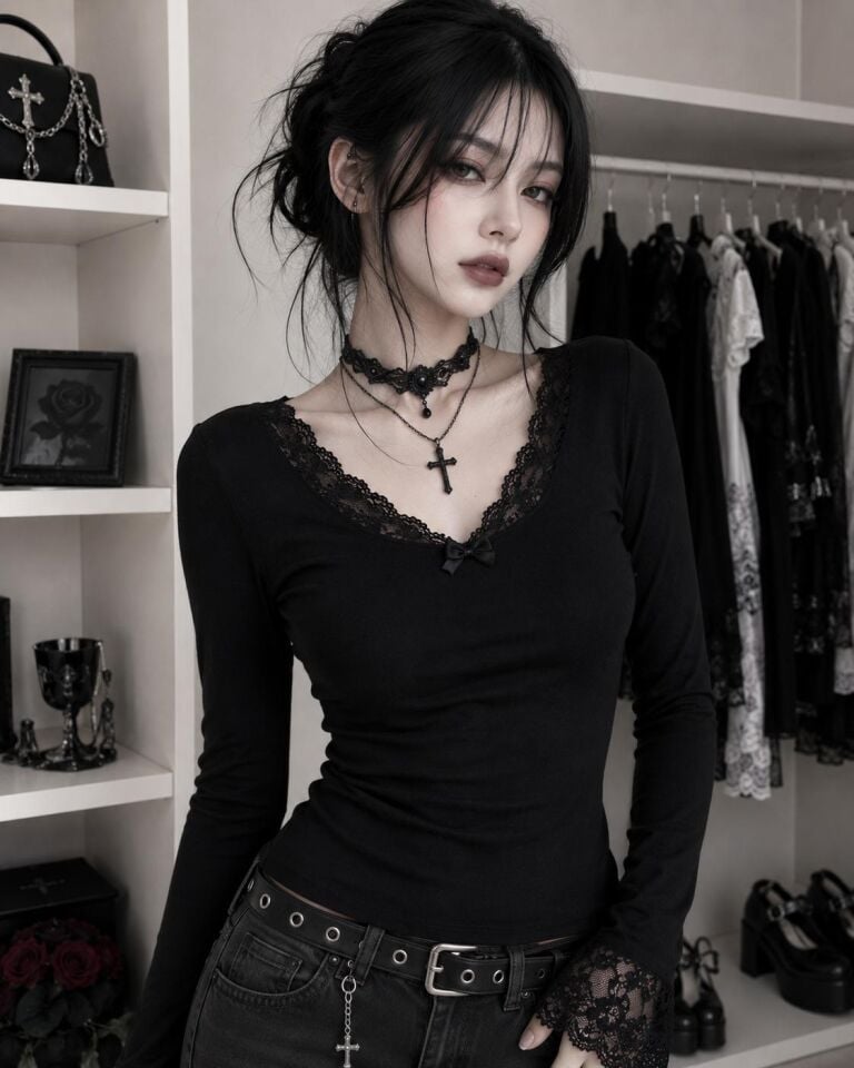 Siyah gothic dantel yakalı tam boy bluz