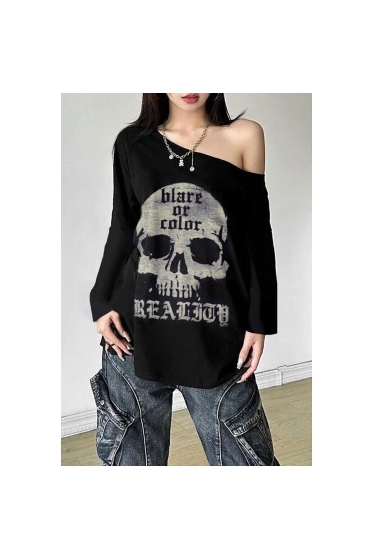 Siyah Skull Blare Or Color Salaş Omuz Dekolteli Uzun Kollu Sweatshirt