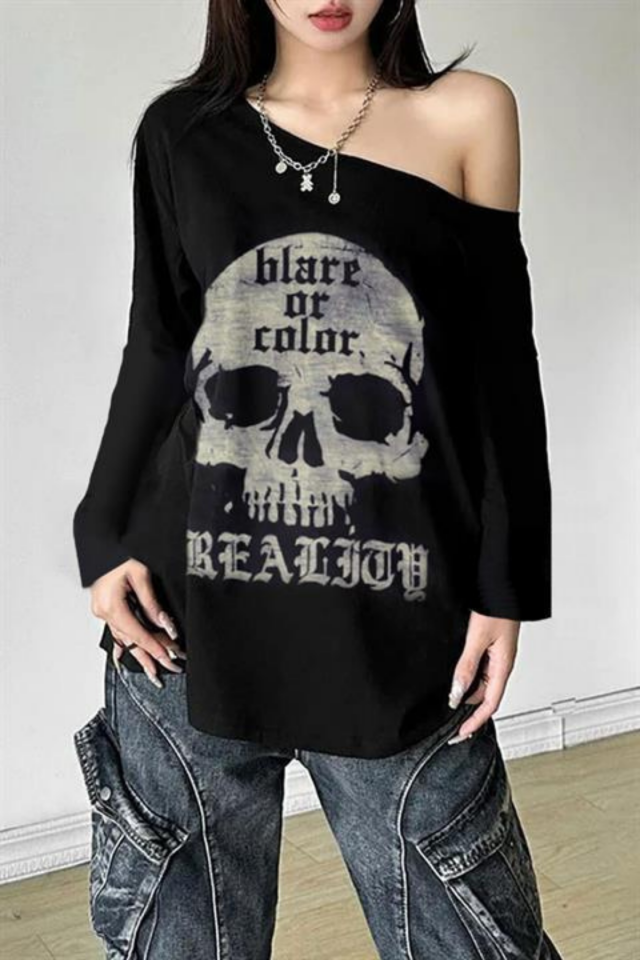 Siyah Skull Blare Or Color Salaş Omuz Dekolteli Uzun Kollu Sweatshirt