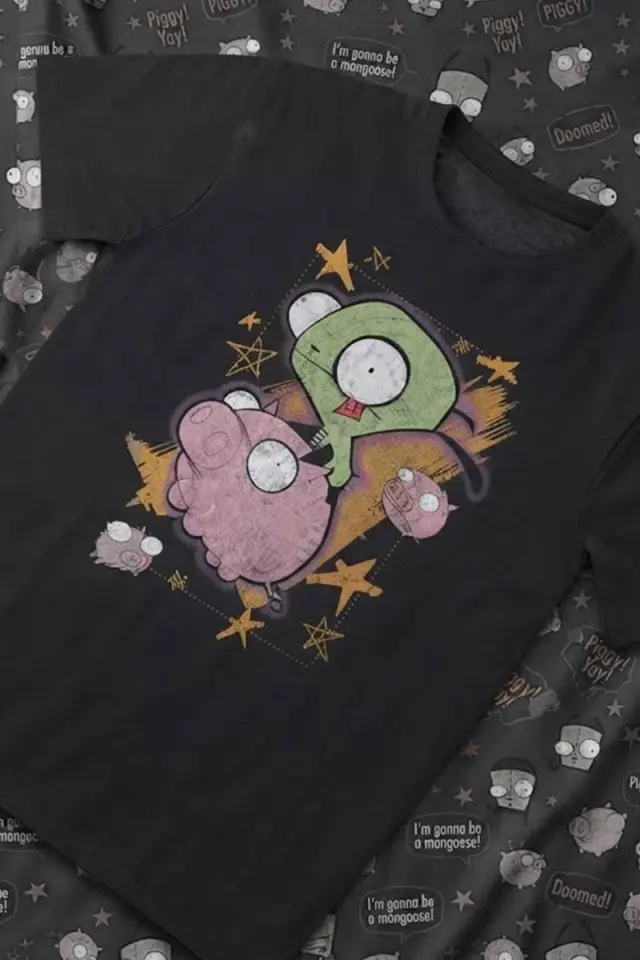 Siyah Invader Zim Gir & Piggy Y2K Unisex T-Shirt