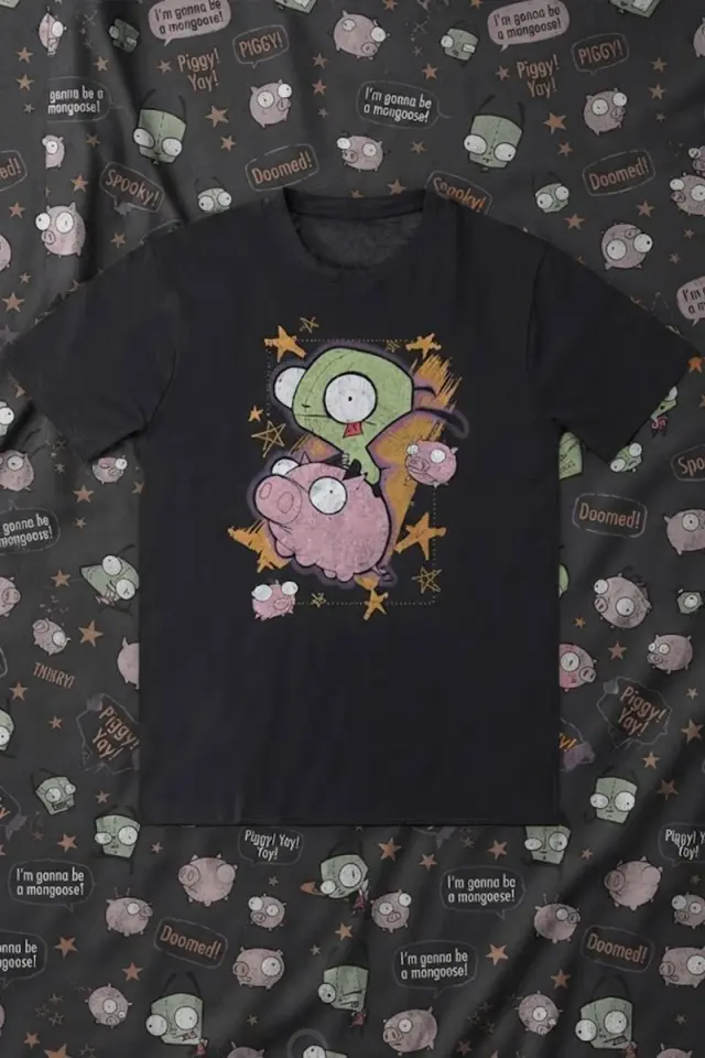 Siyah Invader Zim Gir & Piggy Y2K Unisex T-Shirt