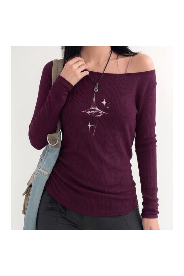 Mürdüm Crystal Eye Madonna Yaka Askılı Harajuku Y2K Uzun Kollu Crop