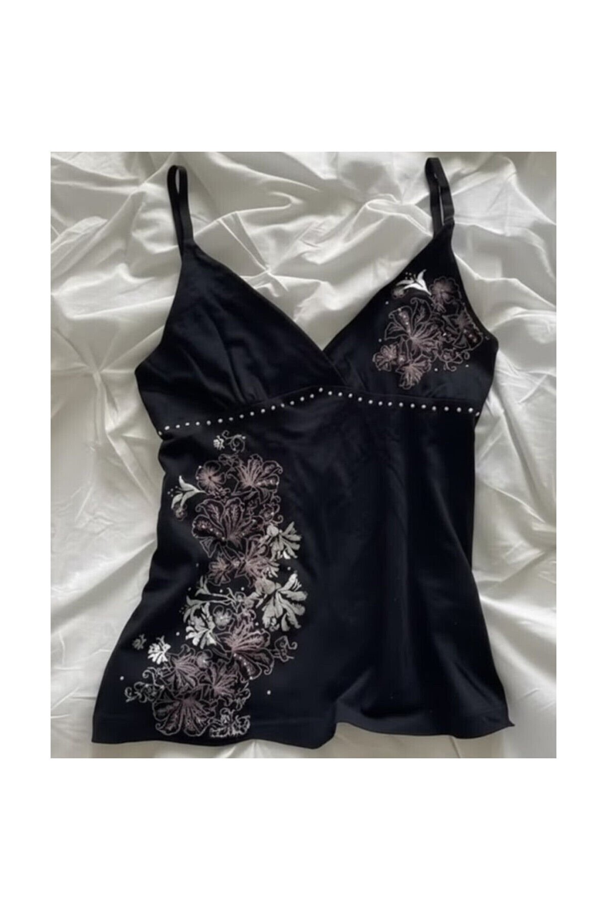 Siyah Taşlı Floral Desenli Vintage Y2K Askılı Crop