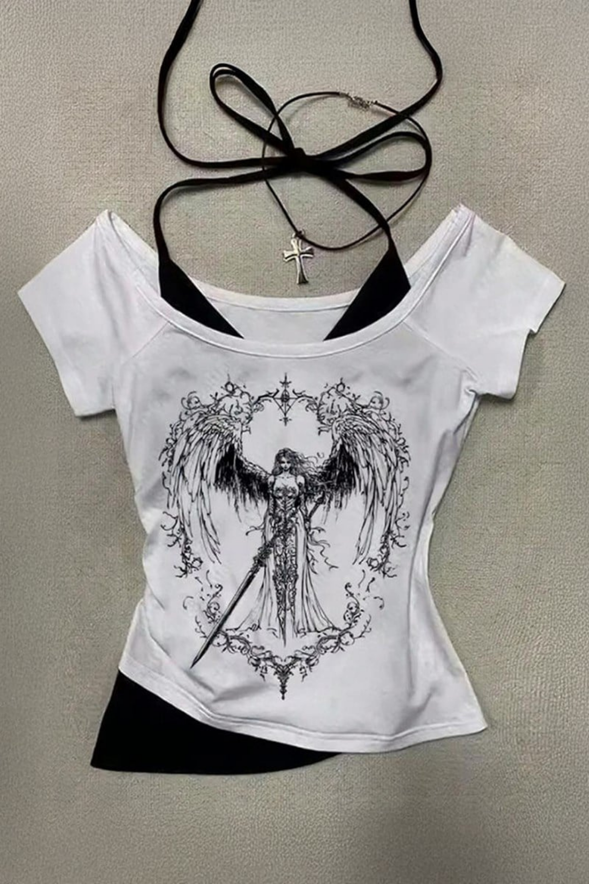 Beyaz Sword Warriror Angel Madonna Yaka Ek Askılı Full Body Y2K Kısa Kollu Bluz