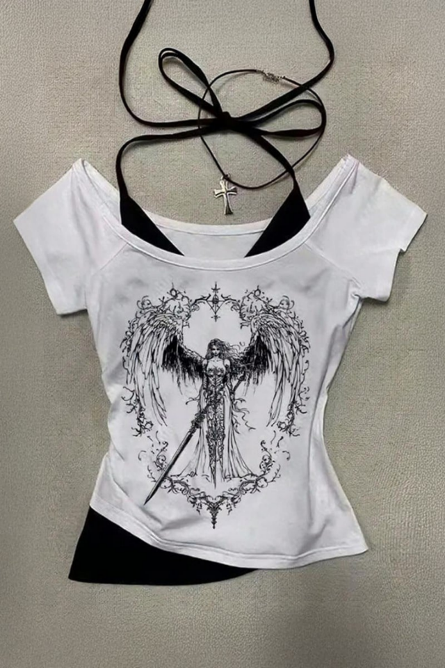 Beyaz Sword Warriror Angel Madonna Yaka Ek Askılı Full Body Y2K Kısa Kollu Bluz