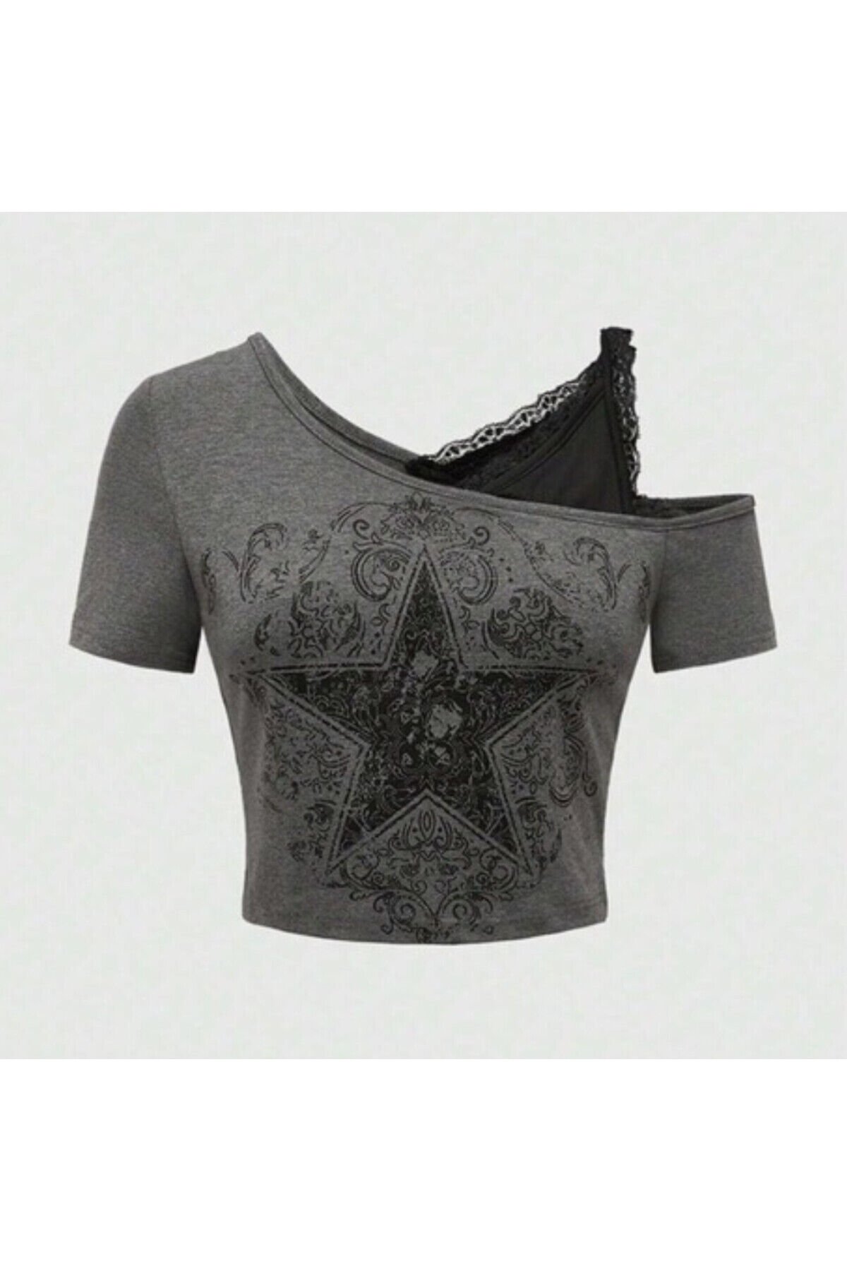 Füme Gotik Star Ek Askılı Y2K Kısa Kollu Bluz