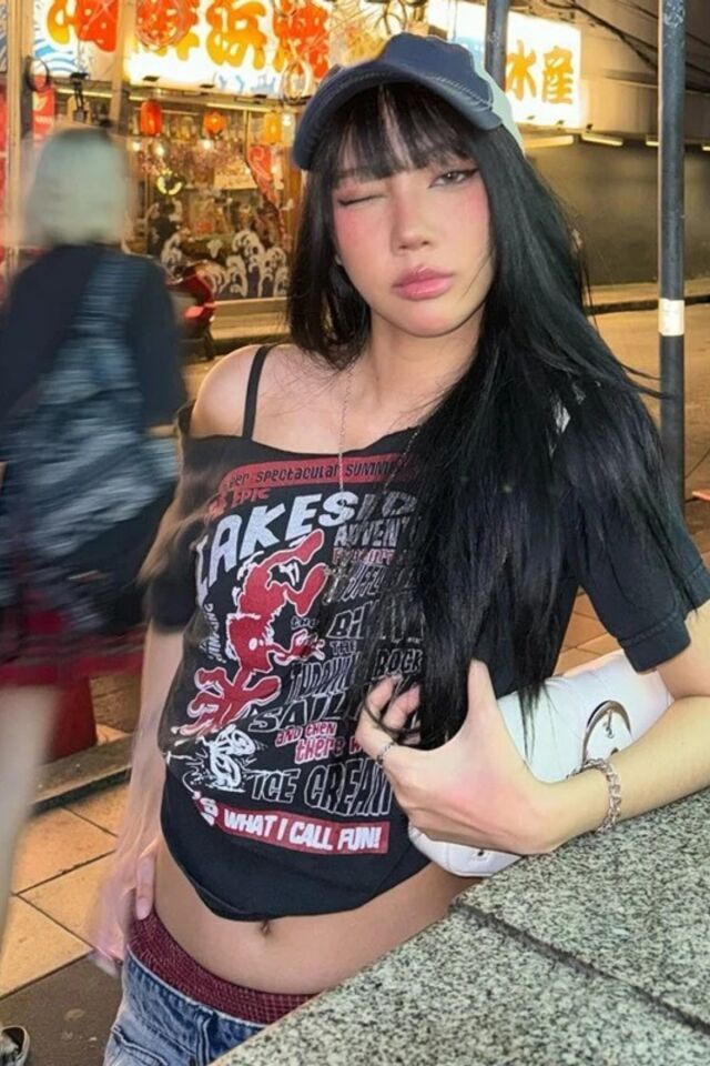 Lakeside Omuz Dekolteli Askılı Y2K Kısa Kollu T-Shirt Gri - M