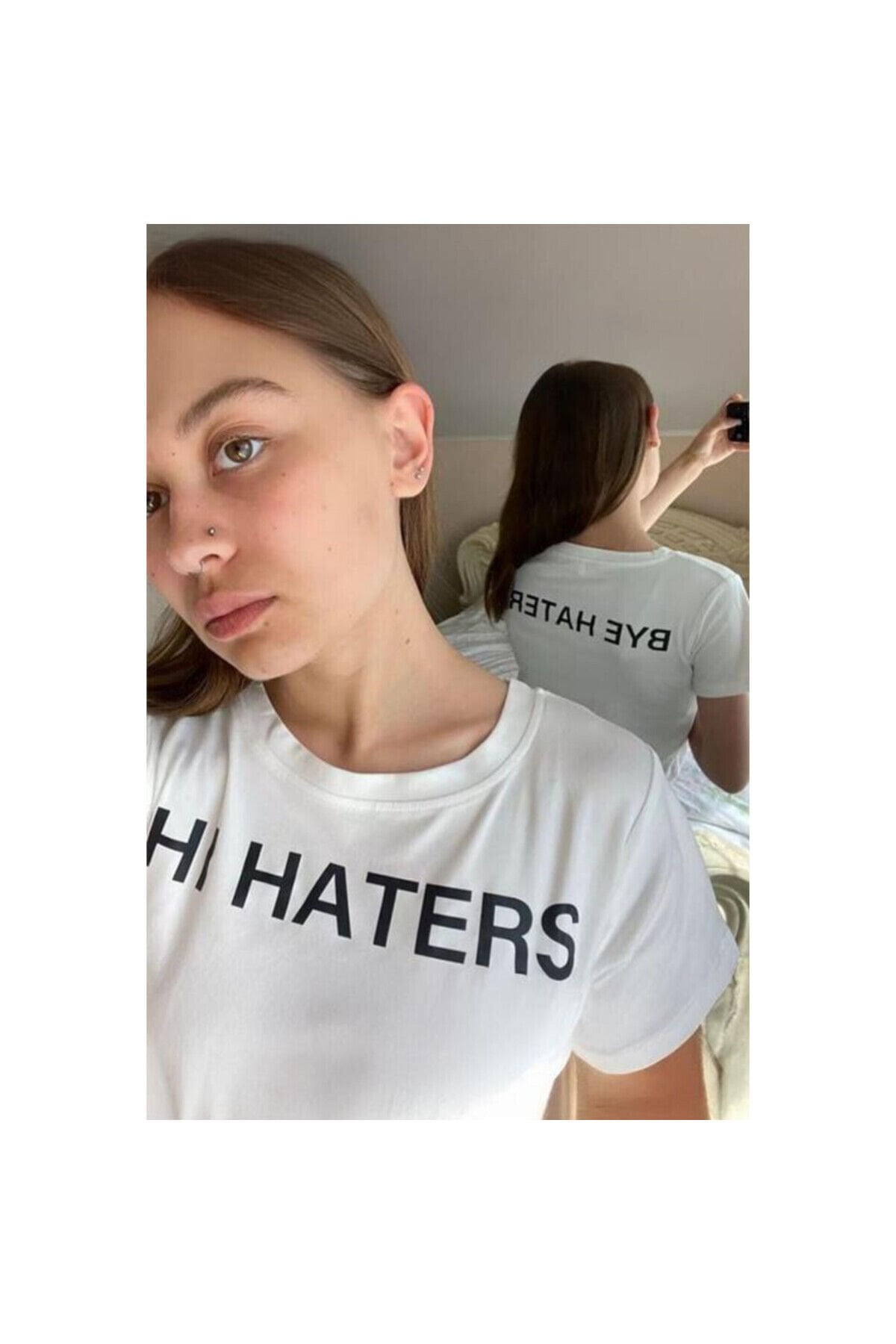 Beyaz Hi & Bye Haters Kısa Kollu Crop T-Shirt