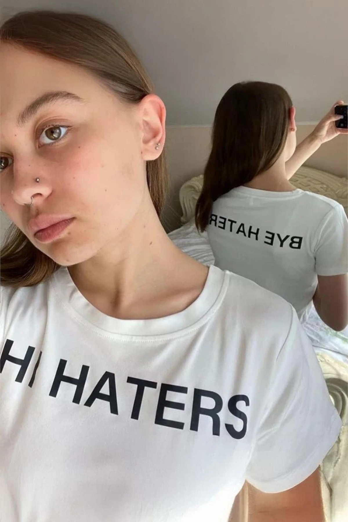 Beyaz Hi & Bye Haters Kısa Kollu Crop T-Shirt