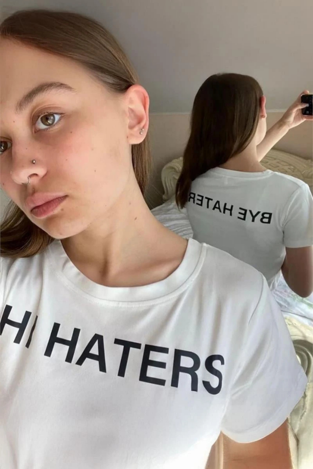 Beyaz Hi & Bye Haters Kısa Kollu Crop T-Shirt