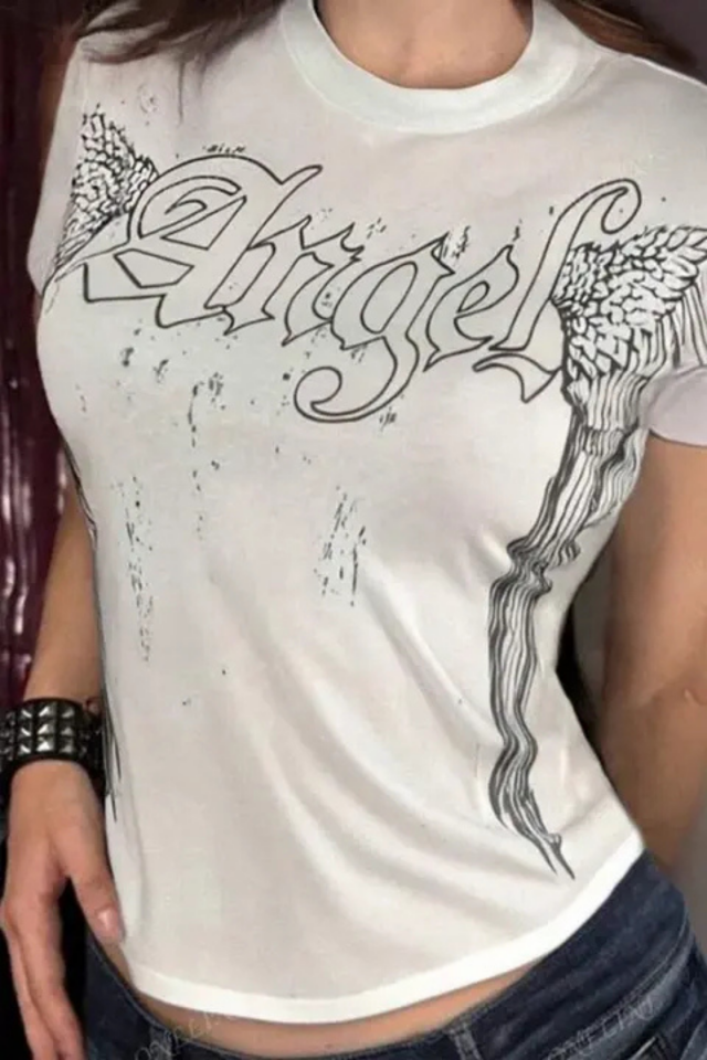 Beyaz Angel Wings Gotik Y2K Kısa Kollu Bluz