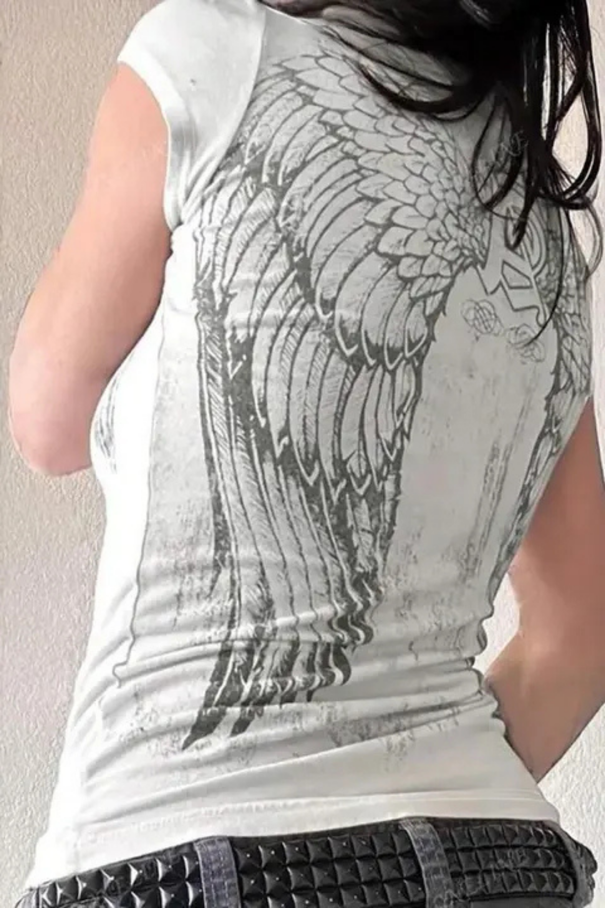 Beyaz Angel Wings Gotik Y2K Kısa Kollu Bluz
