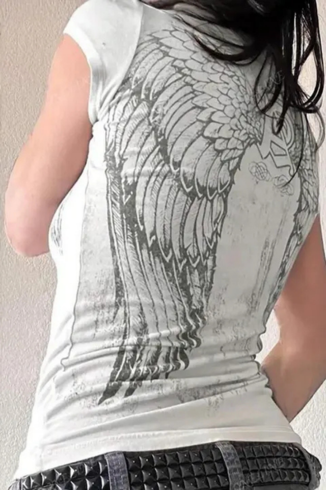 Beyaz Angel Wings Gotik Y2K Kısa Kollu Bluz