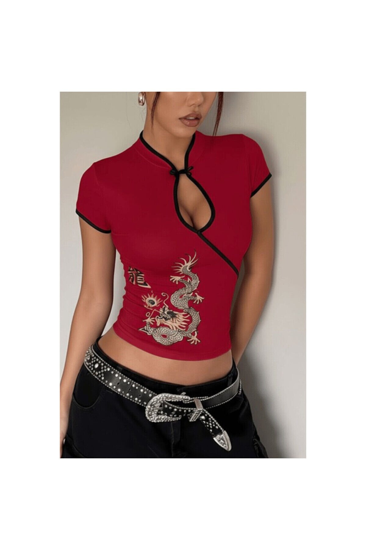 Mandarin Yaka Ejderha Motifli Vintage Qipao Y2K Kısa Kollu Bluz