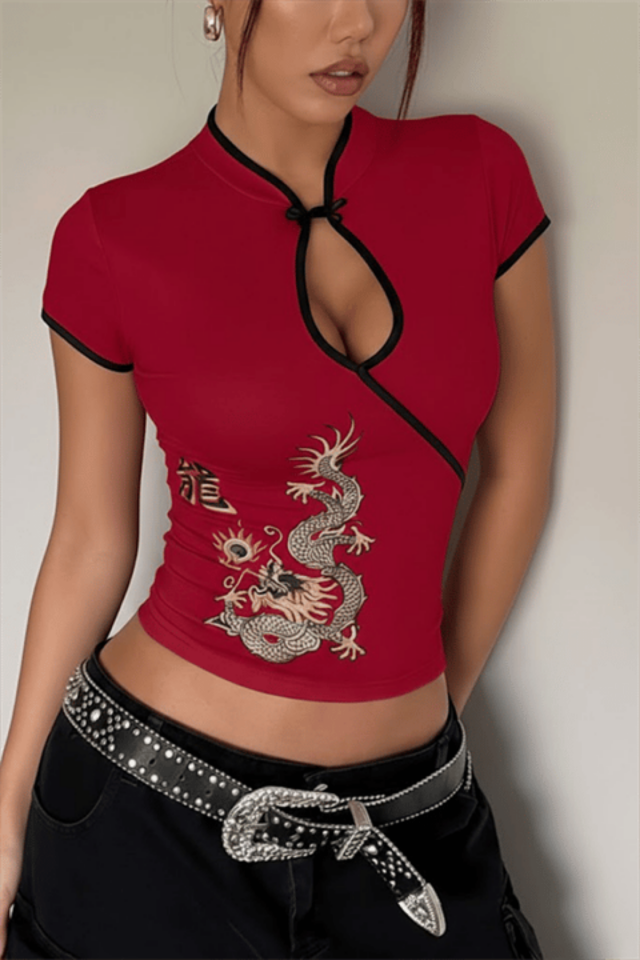 Mandarin Yaka Ejderha Motifli Vintage Qipao Y2K Kısa Kollu Bluz