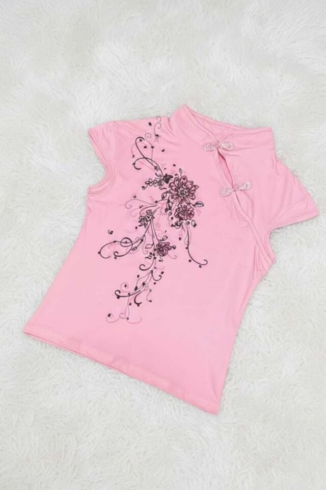 Pembe Mandarin Yaka Çiçekli Qipao Vintage Y2K Kısa Kollu Bluz