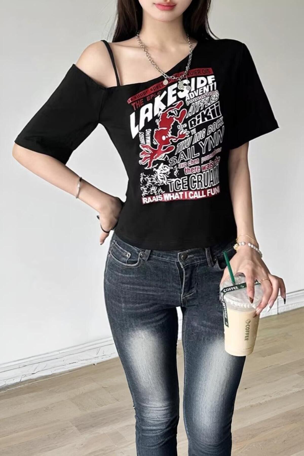 Lakeside Omuz Dekolteli Askılı Y2K Kısa Kollu T-Shirt Siyah - XS