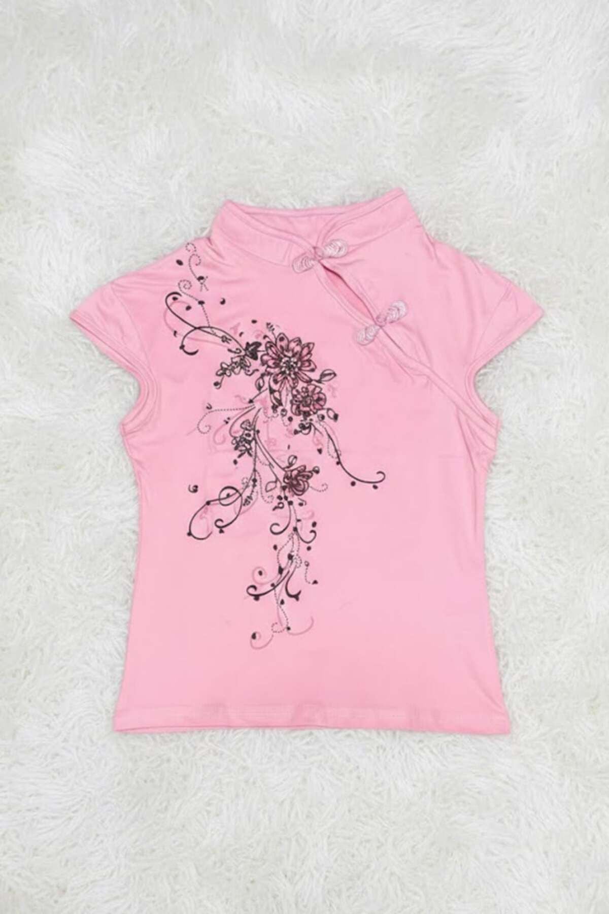 Pembe Mandarin Yaka Çiçekli Qipao Vintage Y2K Kısa Kollu Bluz