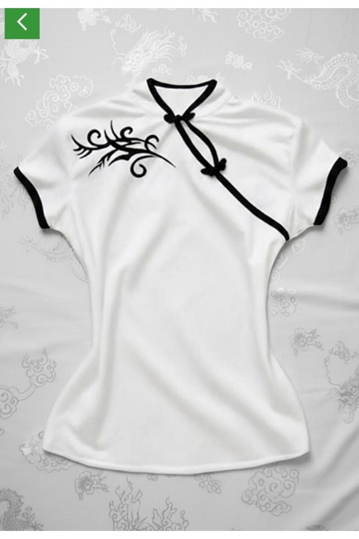 Beyaz Çin Yakalı Floral Motifli Beyaz Şeritli Vintage Y2K Kısa Kollu Bluz