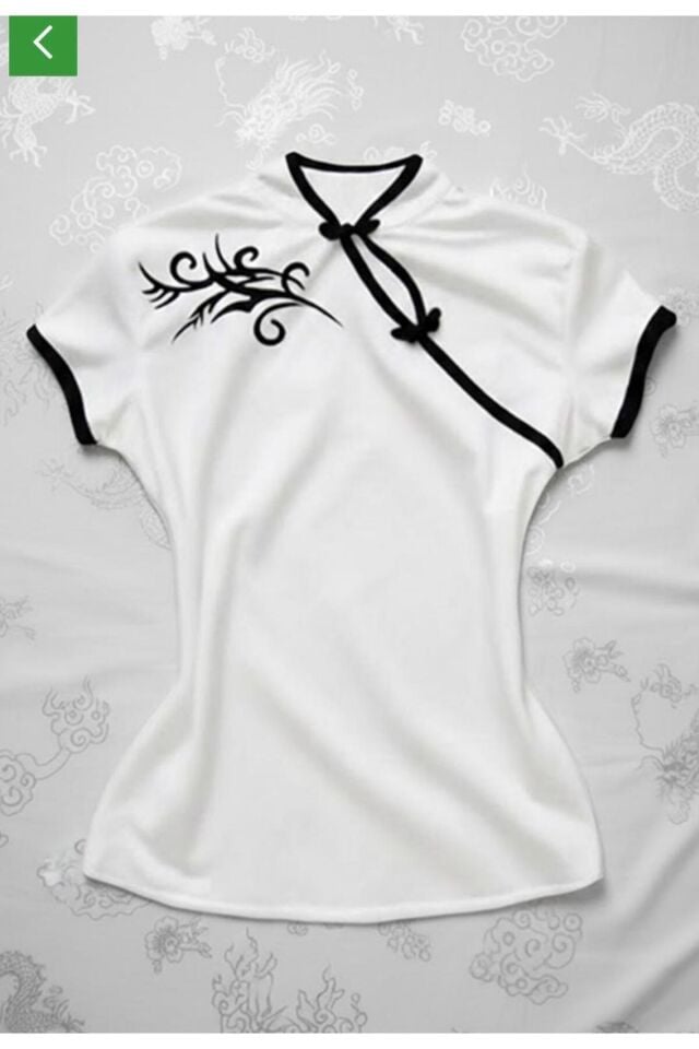 Beyaz Çin Yakalı Floral Motifli Beyaz Şeritli Vintage Y2K Kısa Kollu Bluz