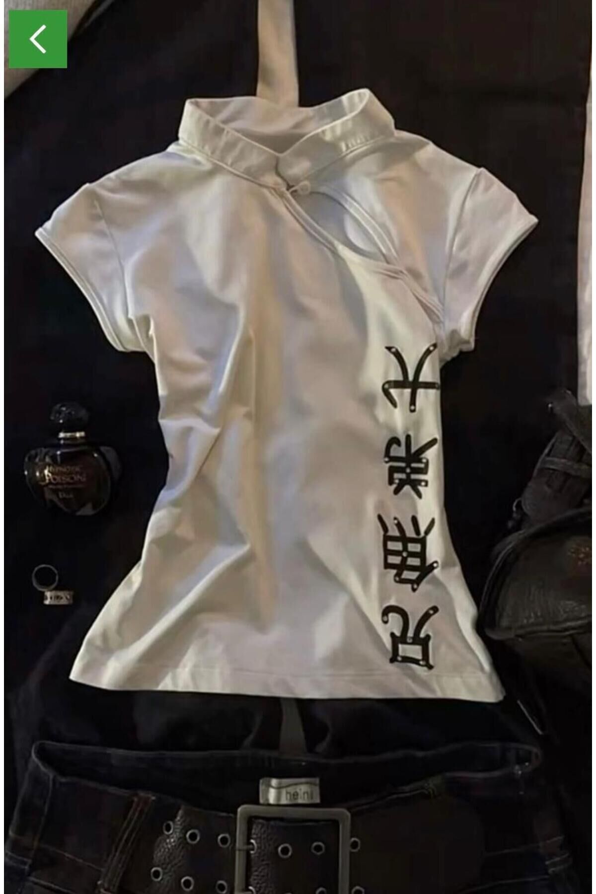 Beyaz Qipao Vintage Pencere Detaylı Y2K Kısa Kollu Bluz