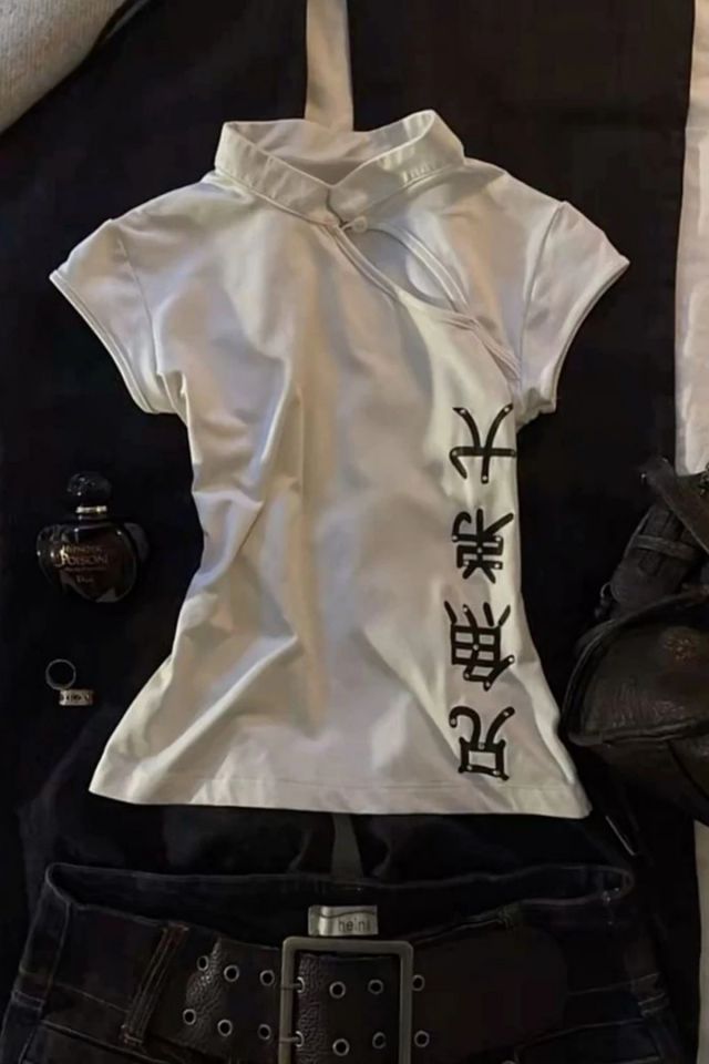 Beyaz Qipao Vintage Pencere Detaylı Y2K Kısa Kollu Bluz