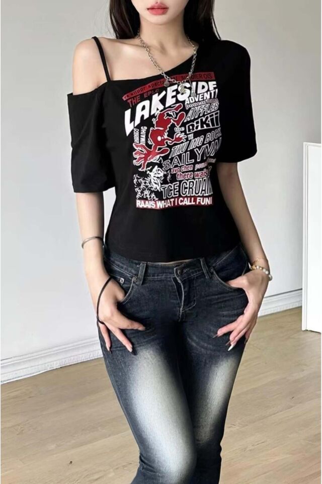 Lakeside Omuz Dekolteli Askılı Y2K Kısa Kollu T-Shirt Siyah - L