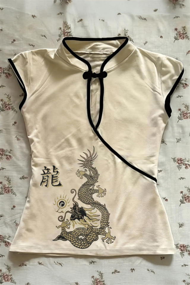 China Style Mandarin Yaka Vintage Dragon Kısa Kollu Bluz
