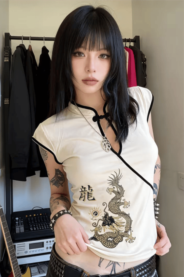 China Style Mandarin Yaka Vintage Dragon Kısa Kollu Bluz
