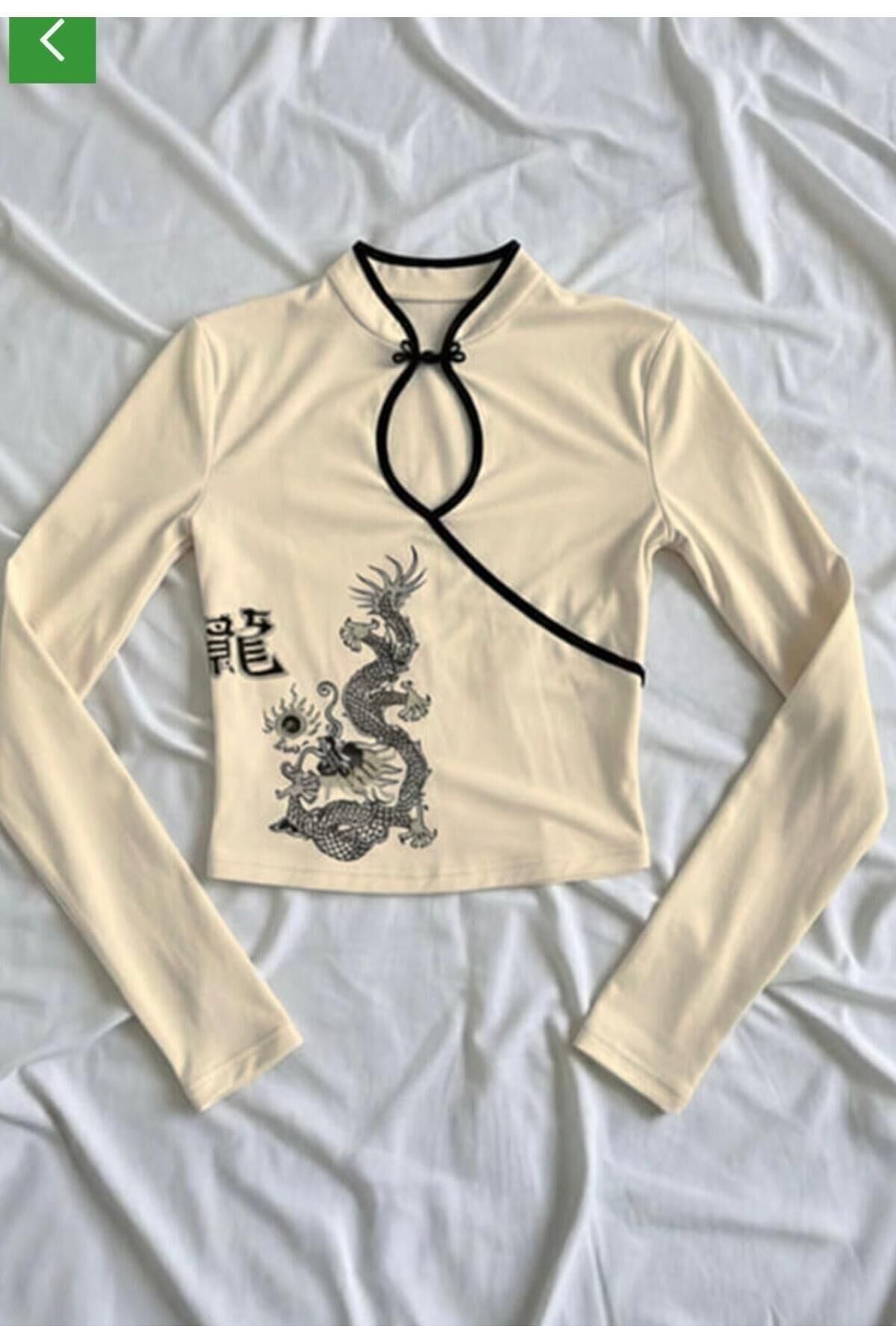 Ekru Mandarin Yaka Ejderha Motifli Vintage Qipao Y2K Uzun Kollu Bluz