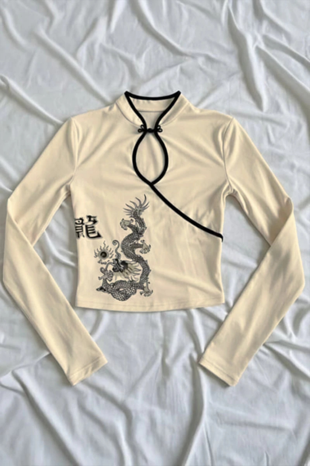 Ekru Mandarin Yaka Ejderha Motifli Vintage Qipao Y2K Uzun Kollu Bluz
