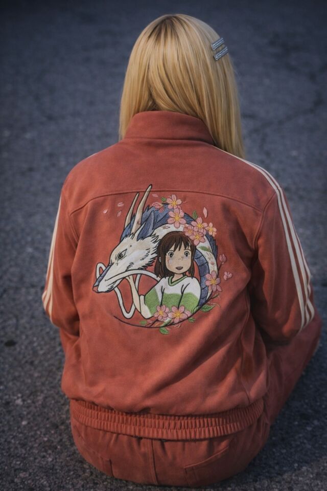 Somon Anime Spirited Away Haku ve Chihiro Baskılı Üç Şeritli Sakura Unisex Süet Ceket