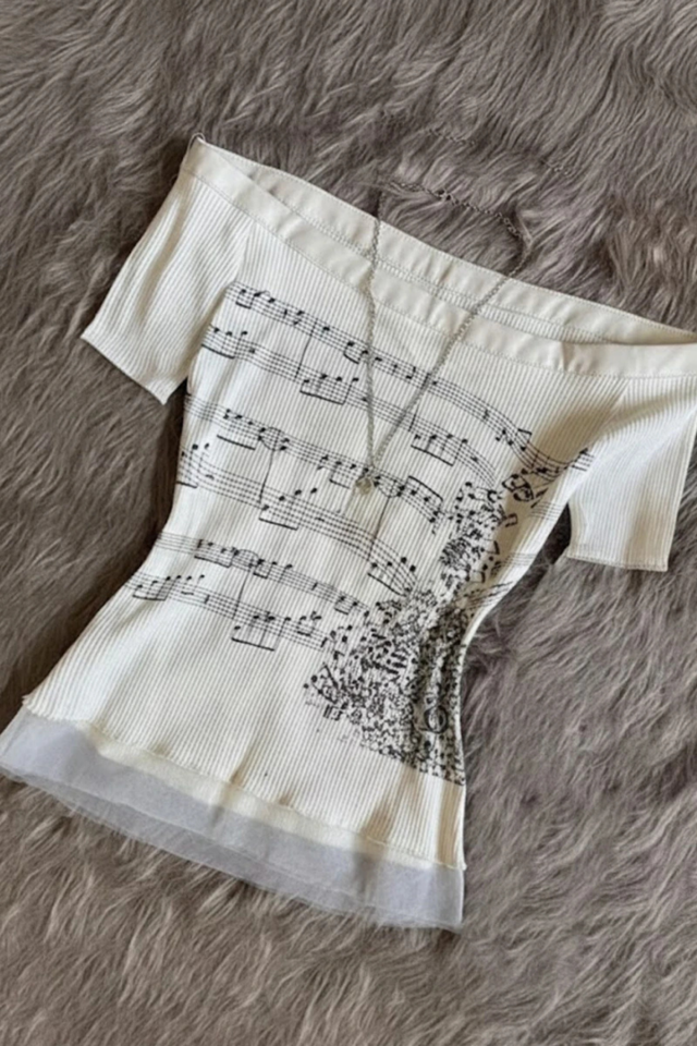 Ekru Nota Desenli Y2K Kısa Kollu Bluz