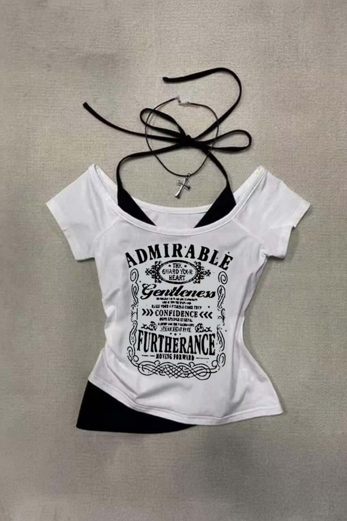 Beyaz Admirable Madonna Yaka Ek Askılı Gotik Grunge Y2K Kısa Kollu Full Body Bluz