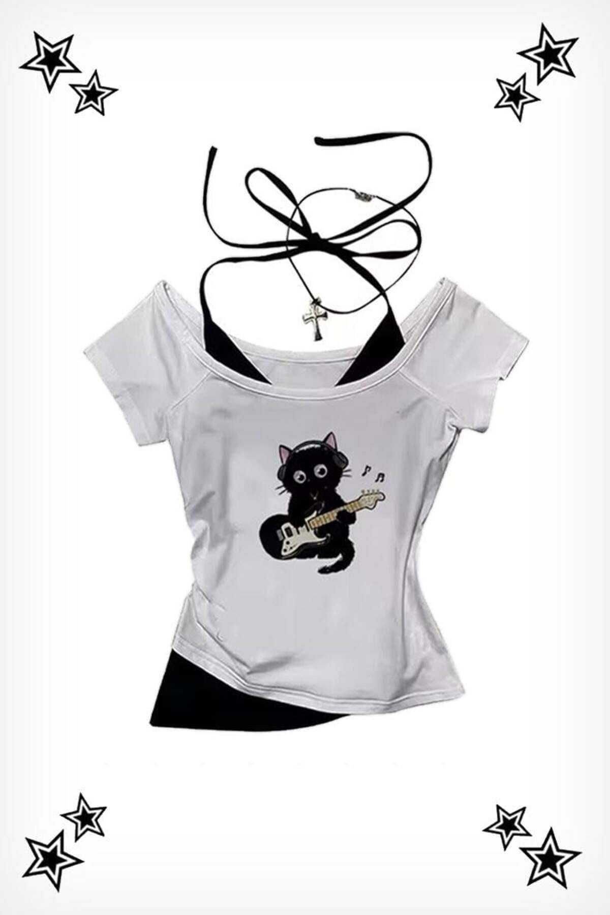 Beyaz Guitar Cat Madonna Yaka Y2K Ek Askılı Kısa Kollu Crop