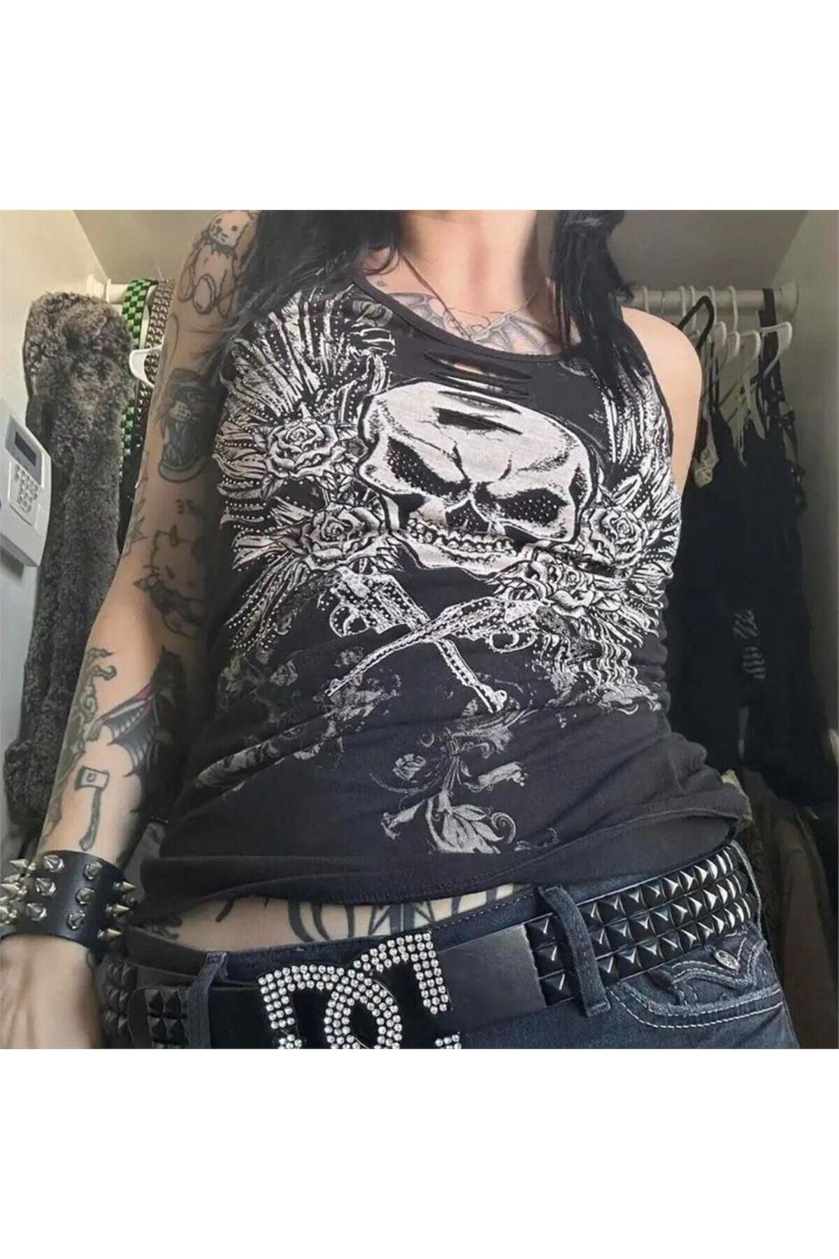 Siyah Gotik Cyber Vintage Skull Wings Grunge Full Body Askılı Crop