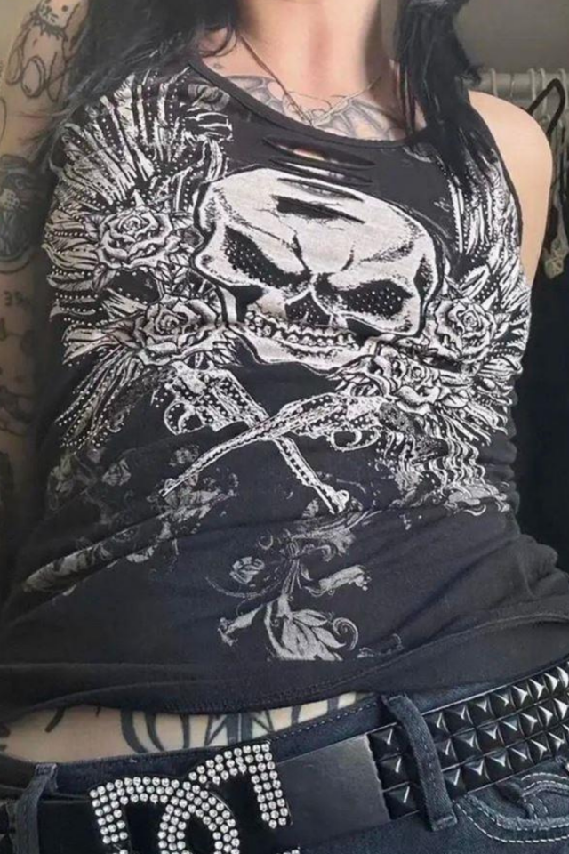 Siyah Gotik Cyber Vintage Skull Wings Grunge Full Body Askılı Crop
