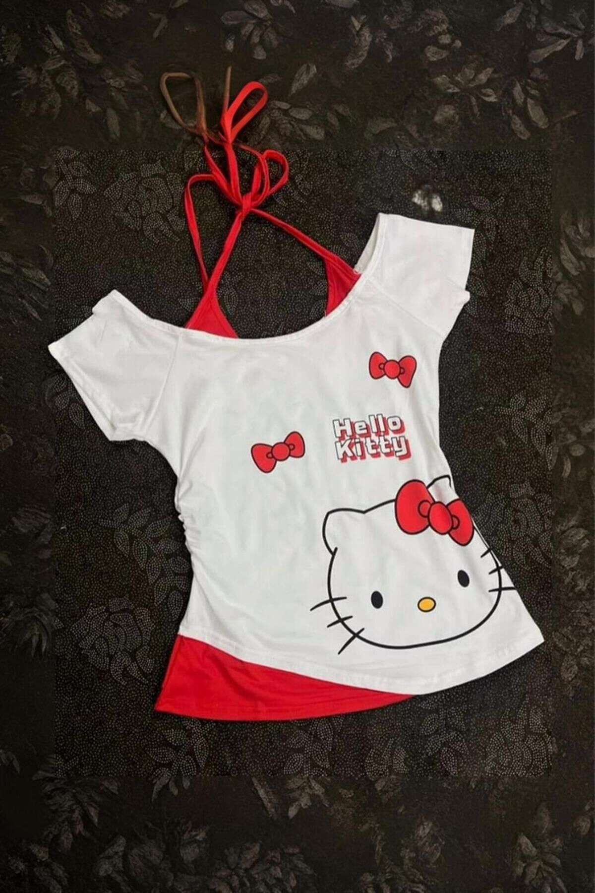 Beyaz Hello Kitty Ek Askılı Y2K Kısa Kollu T-Shirt