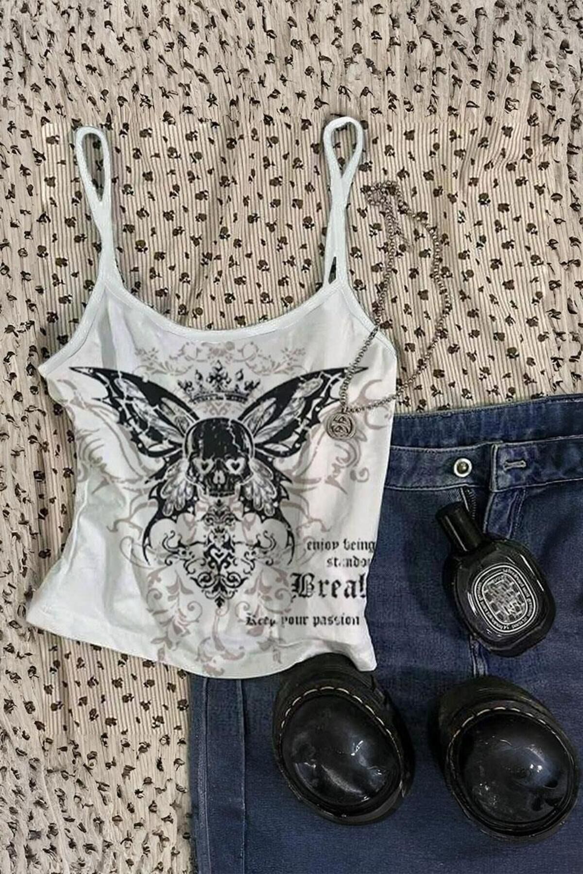 Beyaz Gotik Skull Butterfly Y2K Askılı Crop