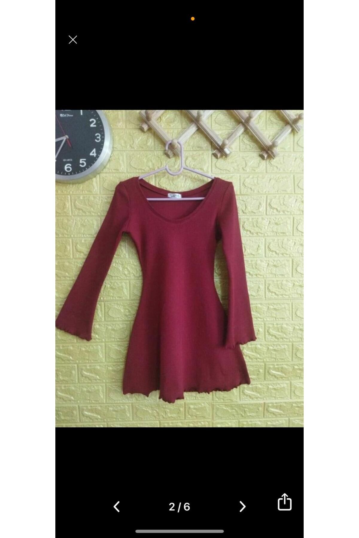 Likralı Lolita fairy Büzgülü Bitişli Kaşkorse Kumaş V Yaka Elbise Bordo - XS