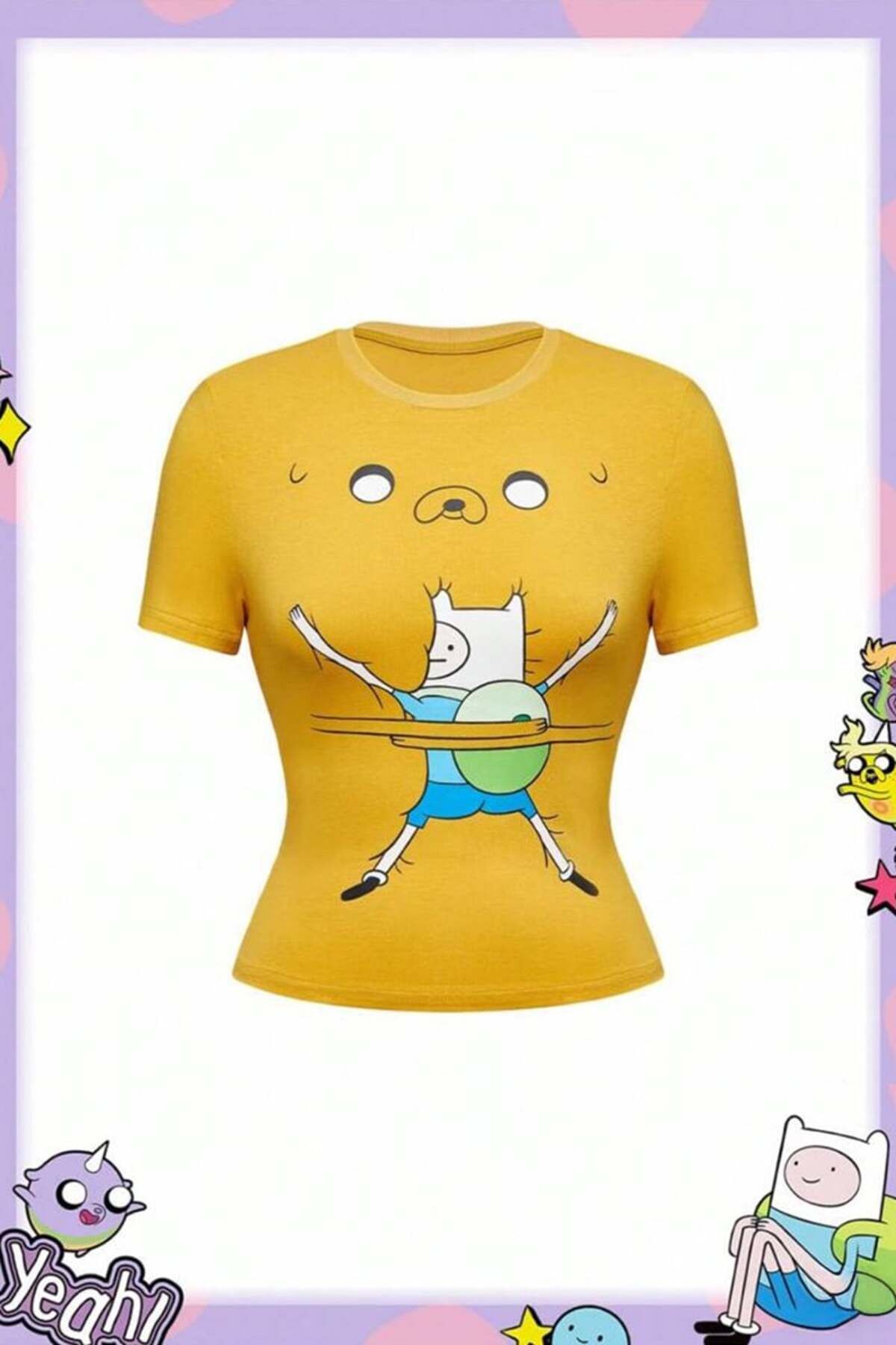 Sarı Adventure Time Fin and Jack Y2K Kısa Kollu Crop T-Shirt