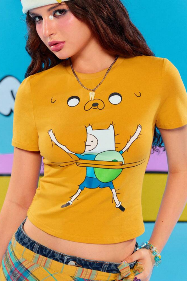 Sarı Adventure Time Fin and Jack Y2K Kısa Kollu Crop T-Shirt