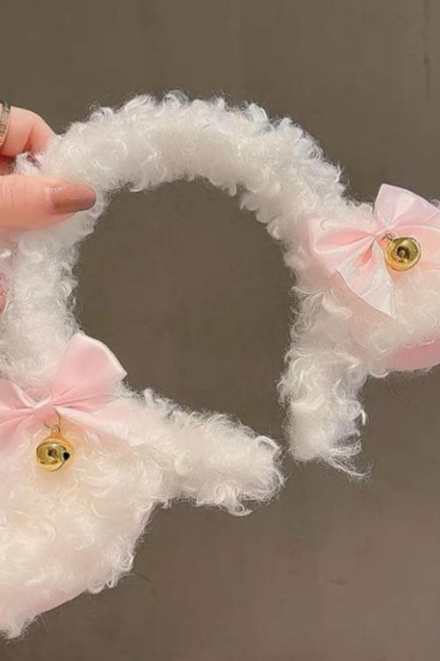 Kuzu kulak saç bandı yay düğüm çan dekoratif saç süsleme kadın peluş  beyaz koyun sevimli kafa bandı